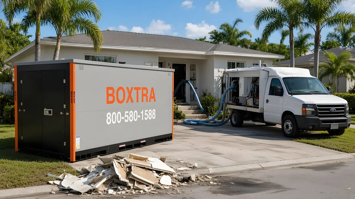 Boxtra storage container on a Restoration job site